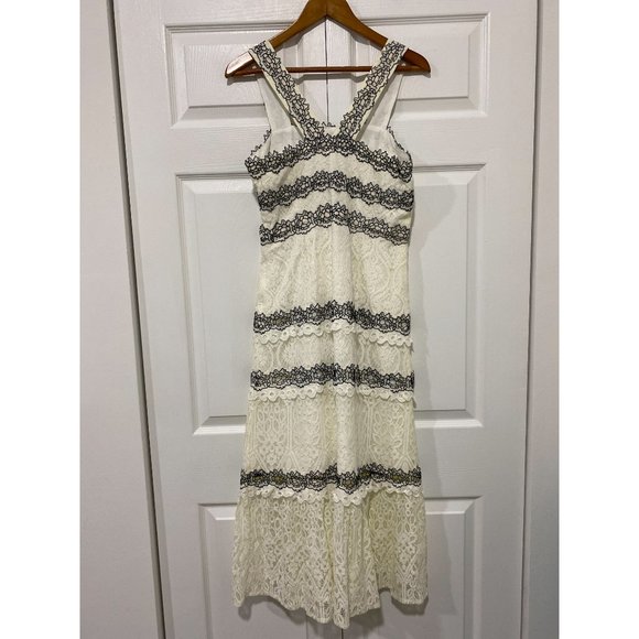 Anthro Foxiedox Ivory & Black Lace Midi Dress Medium - Picture 7 of 10